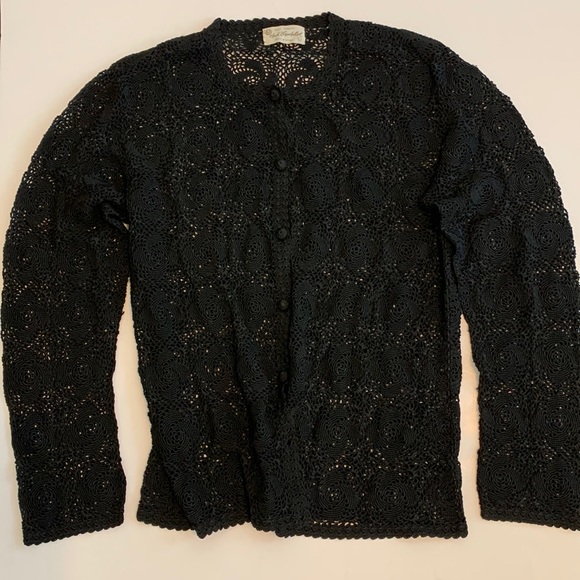 HAND CROCHETED BLACK CARDIGAN SWEATER OPEN KNIT - Picture 1 of 7